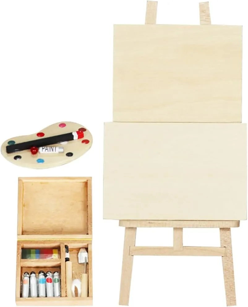 jojofuny Miniature Wooden Easel Kit for 1:12 Dollhouse – Includes Easel, Canvas, Paint Palette, and Paint Box for Dollhouse Decor, Kids' Painting Fun, Party Activities