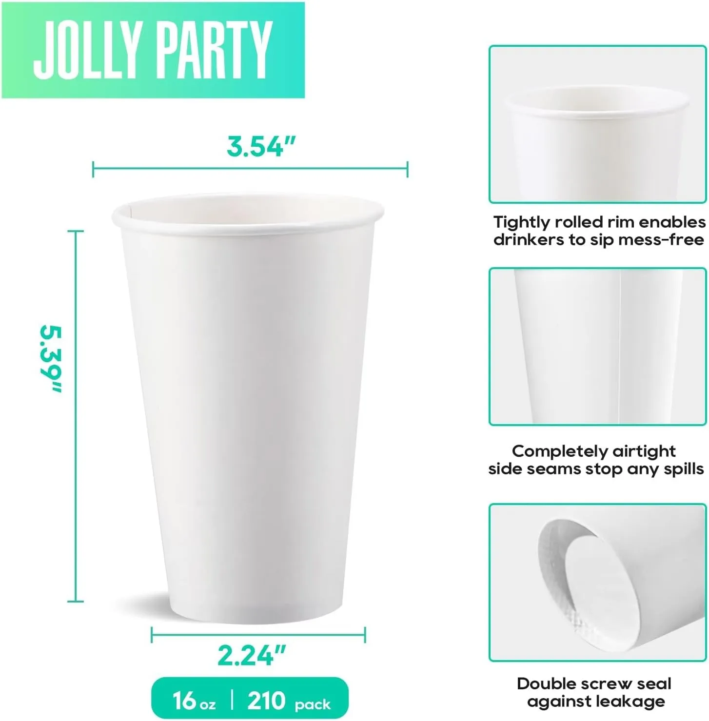 JOLLY PARTY 210 Pack 16 oz Disposable Paper Coffee Cup, Hot/Cold Beverage Drinking Cups for Water, White Paper Hot Coffee Cups