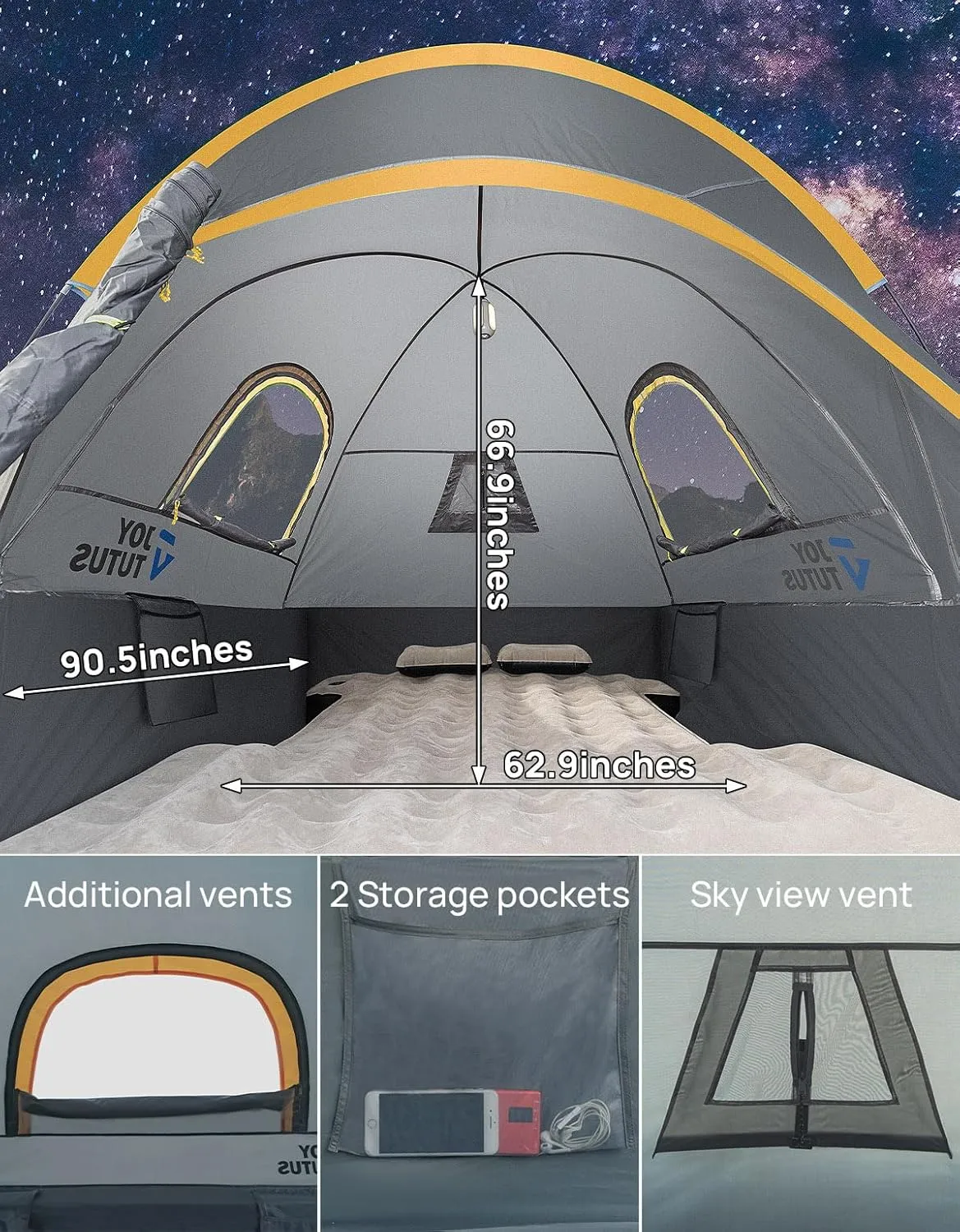 JOYTUTUS Pickup Truck Tent 2.0, Waterproof PU2000mm Double Layer for 2 Person, Portable Truck Bed Tent with Rainfly, 5.5'-6' Camping Preferred - Orange