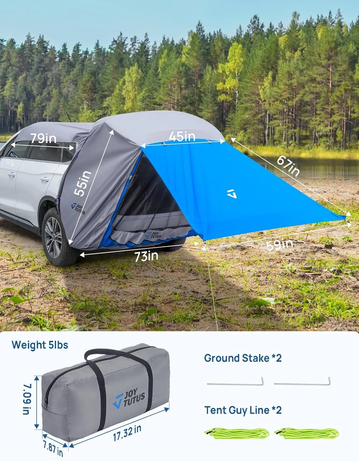 JOYTUTUS SUV Tailgate Tent with Big Awning, Water Resistant SUV Camping Tent with Car Roof Cover, Universal Fit Most Suvs, Car, Grey Blue