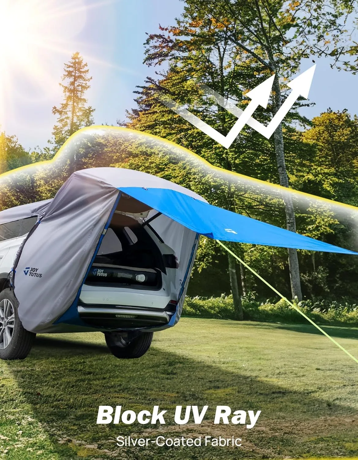 JOYTUTUS SUV Tailgate Tent with Big Awning, Water Resistant SUV Camping Tent with Car Roof Cover, Universal Fit Most Suvs, Car, Grey Blue
