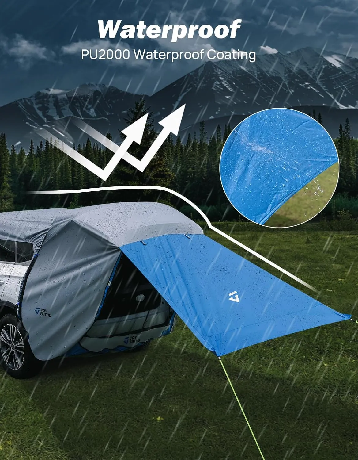 JOYTUTUS SUV Tailgate Tent with Big Awning, Water Resistant SUV Camping Tent with Car Roof Cover, Universal Fit Most Suvs, Car, Grey Blue