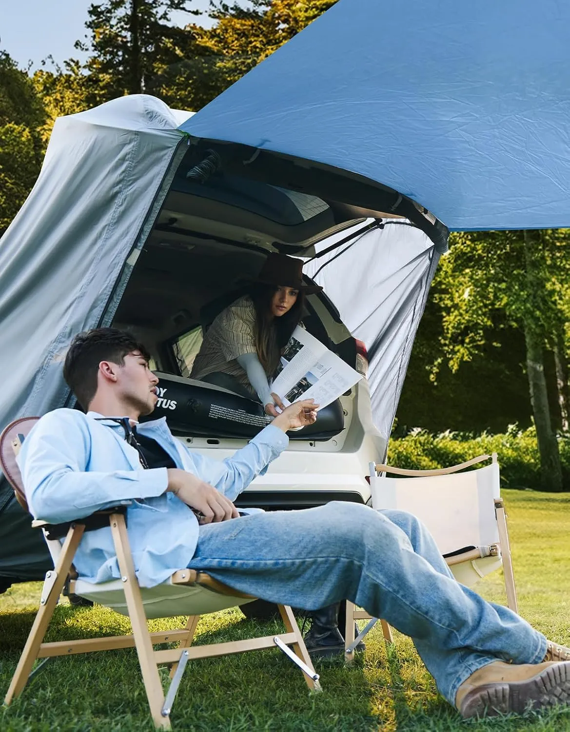 JOYTUTUS SUV Tailgate Tent with Big Awning, Water Resistant SUV Camping Tent with Car Roof Cover, Universal Fit Most Suvs, Car, Grey Blue