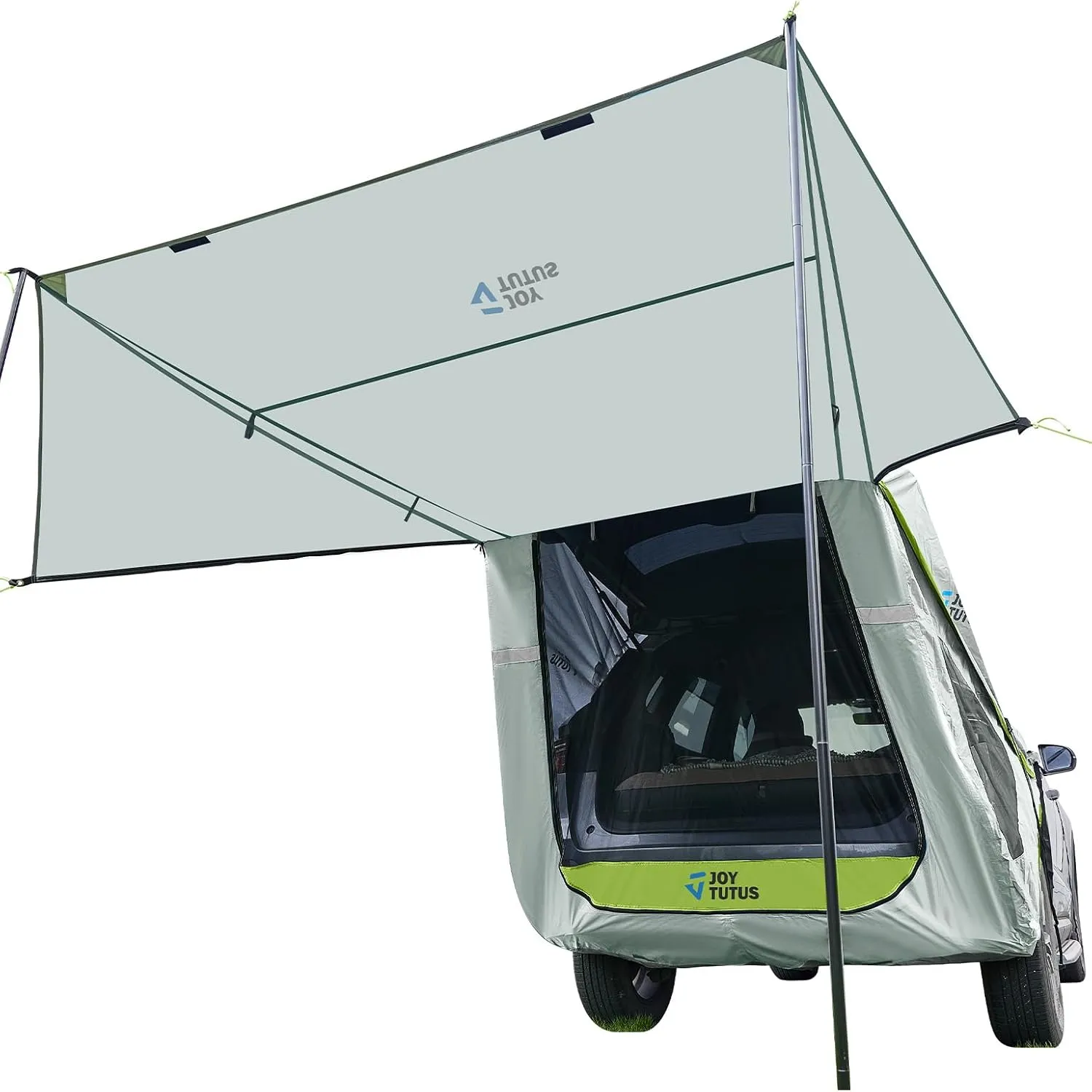 JOYTUTUS SUV Tailgate Tent with Three Sides Awning and Poles, Water Resistant SUV Camping Tent with Car Roof Cover, Outdoor Travel Preferred, Universal Fit Most Car, Grey Green