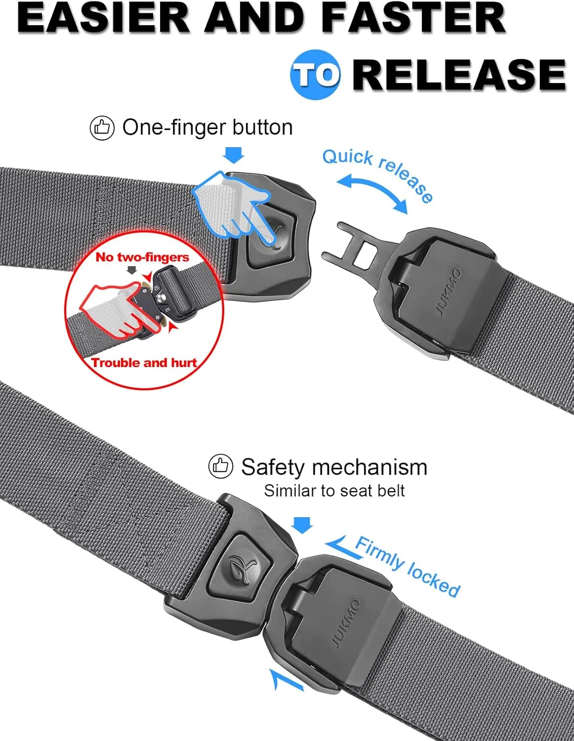 JUKMO Quick Release Tactical Belt, Military Work 1.5" Nylon Web Golf Belt with Heavy Duty Seatbelt Buckle