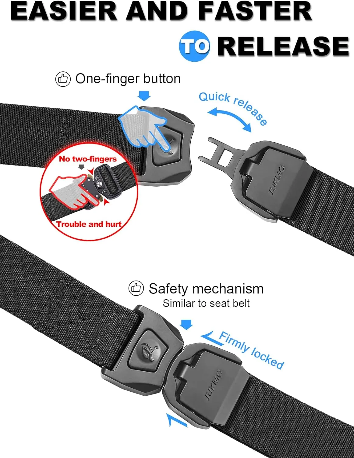 JUKMO Quick Release Tactical Belt, Military Work 1.5" Nylon Web Golf Belt with Heavy Duty Seatbelt Buckle