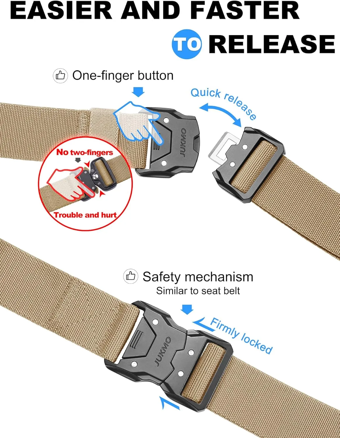 JUKMO Quick Release Tactical Belt, Military Work 1.5" Nylon Web Hiking Belt with Heavy Duty Seatbelt Buckle