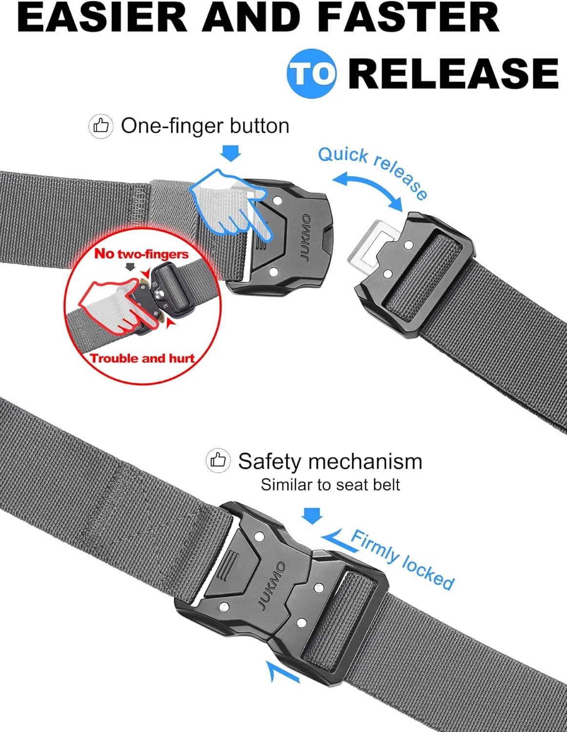 JUKMO Quick Release Tactical Belt, Military Work 1.5" Nylon Web Hiking Belt with Heavy Duty Seatbelt Buckle