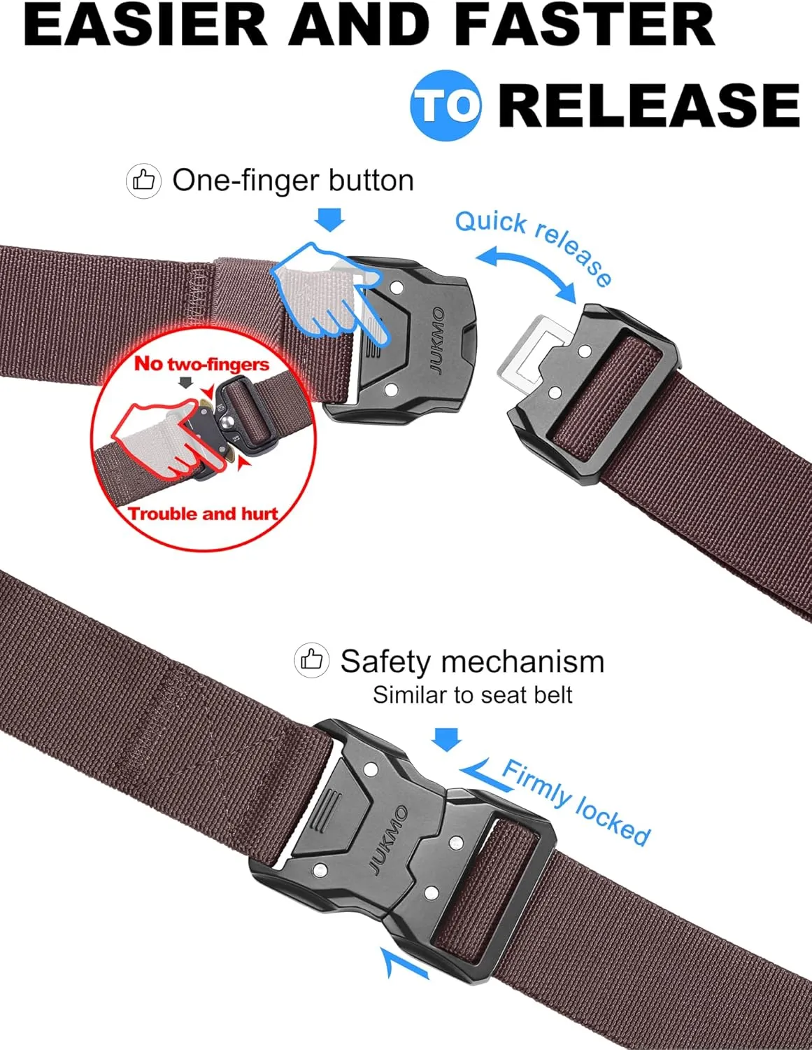 JUKMO Quick Release Tactical Belt, Military Work 1.5" Nylon Web Hiking Belt with Heavy Duty Seatbelt Buckle
