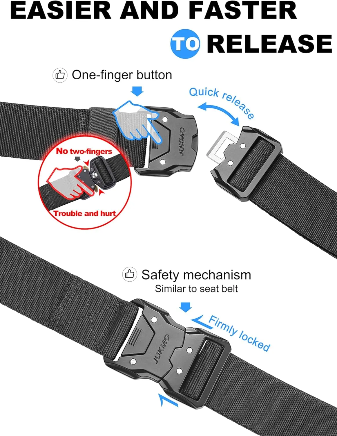 JUKMO Quick Release Tactical Belt, Military Work 1.5" Nylon Web Hiking Belt with Heavy Duty Seatbelt Buckle