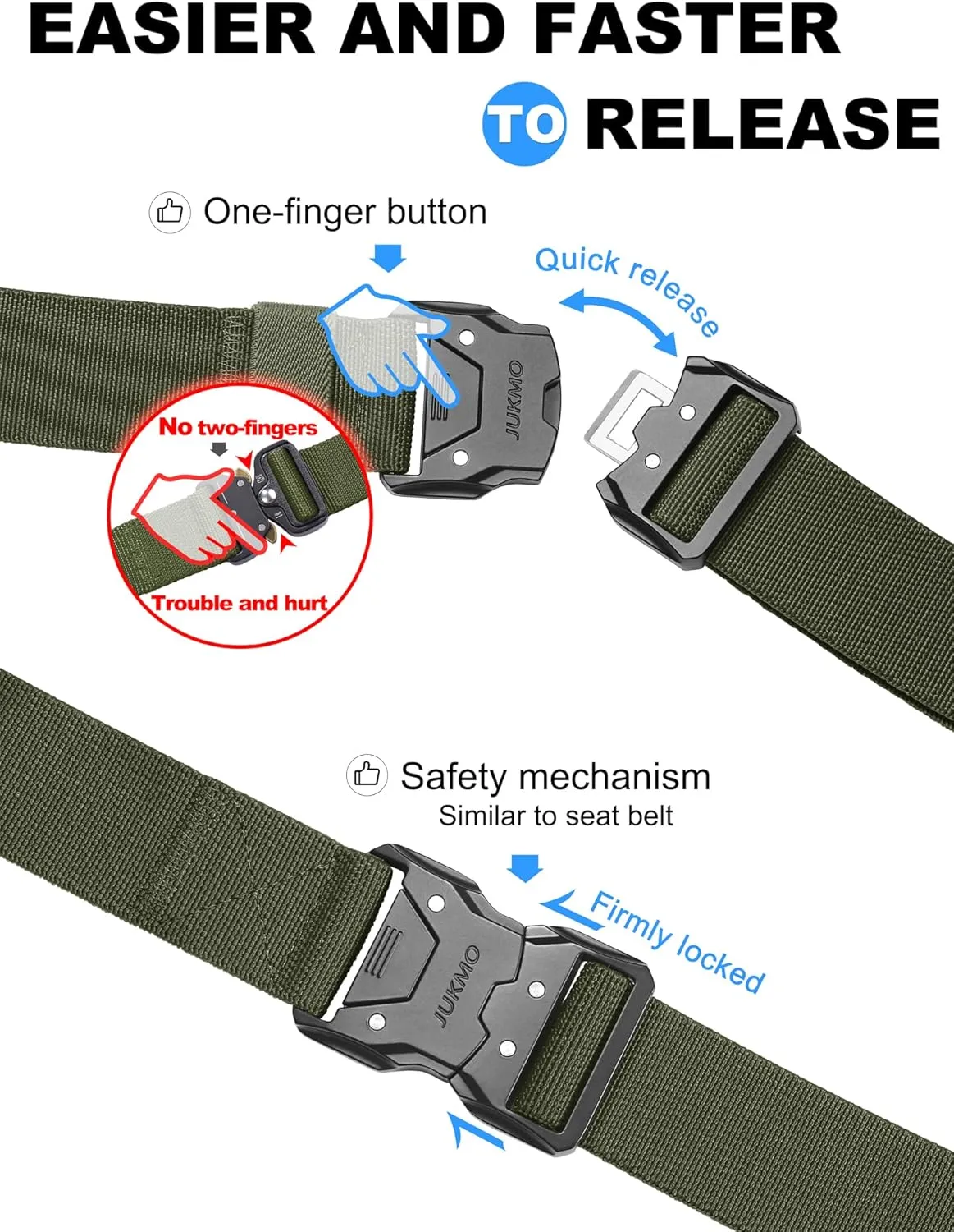 JUKMO Quick Release Tactical Belt, Military Work 1.5" Nylon Web Hiking Belt with Heavy Duty Seatbelt Buckle