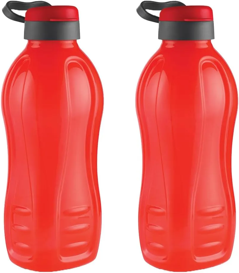 Jumbo 2 Litre Water Bottle, 100% Leak Proof, BPA Free Premium Plastic Bottle, for Home, Office & Gym, Sturdy with Holder, Pack of 2 (Red)