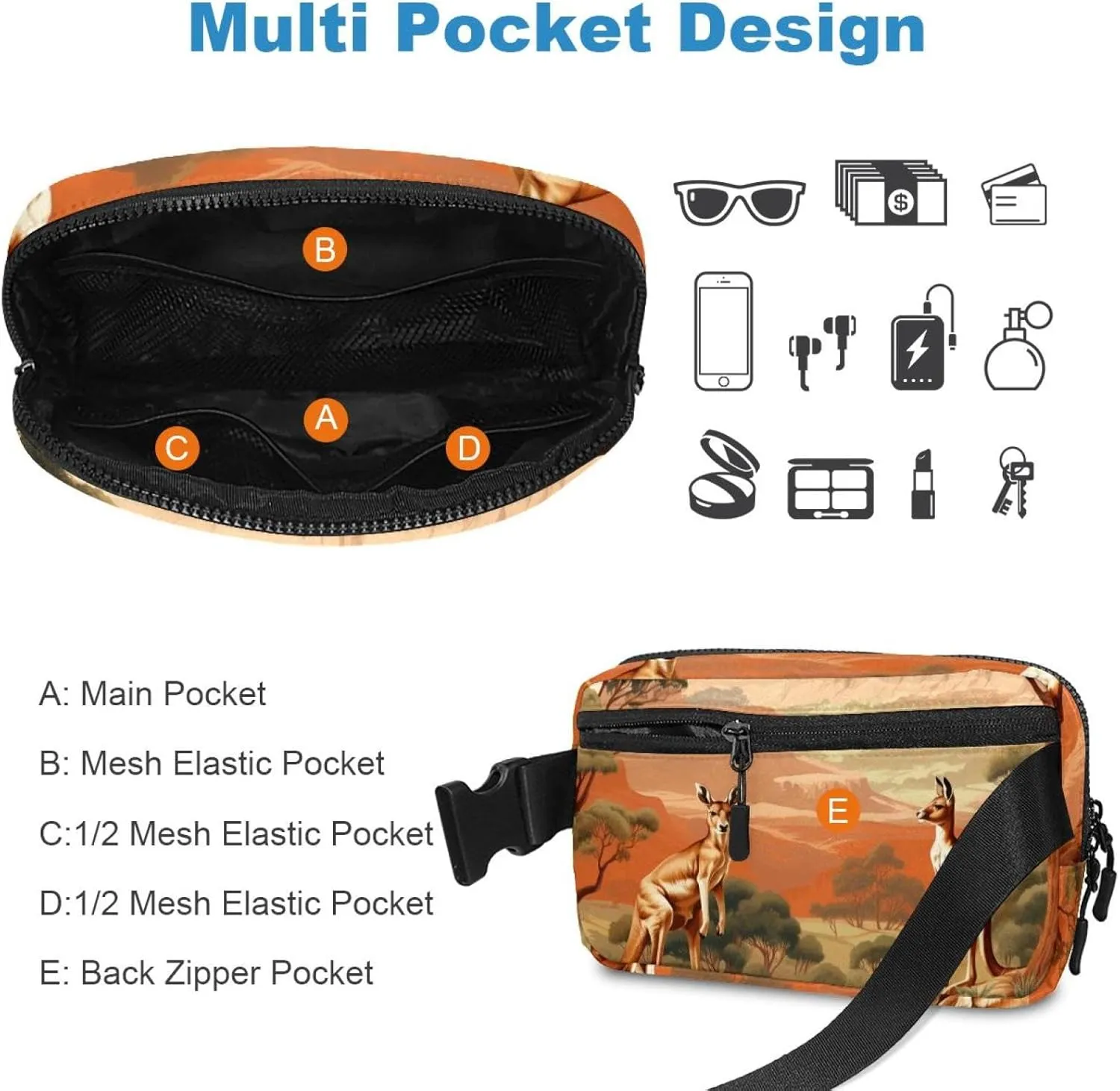 Jungle Kangaroo-1543 Crossbody Fanny Pack for Men&Women,Belt Bag for Travel Casual Walking Running Hiking Cycling