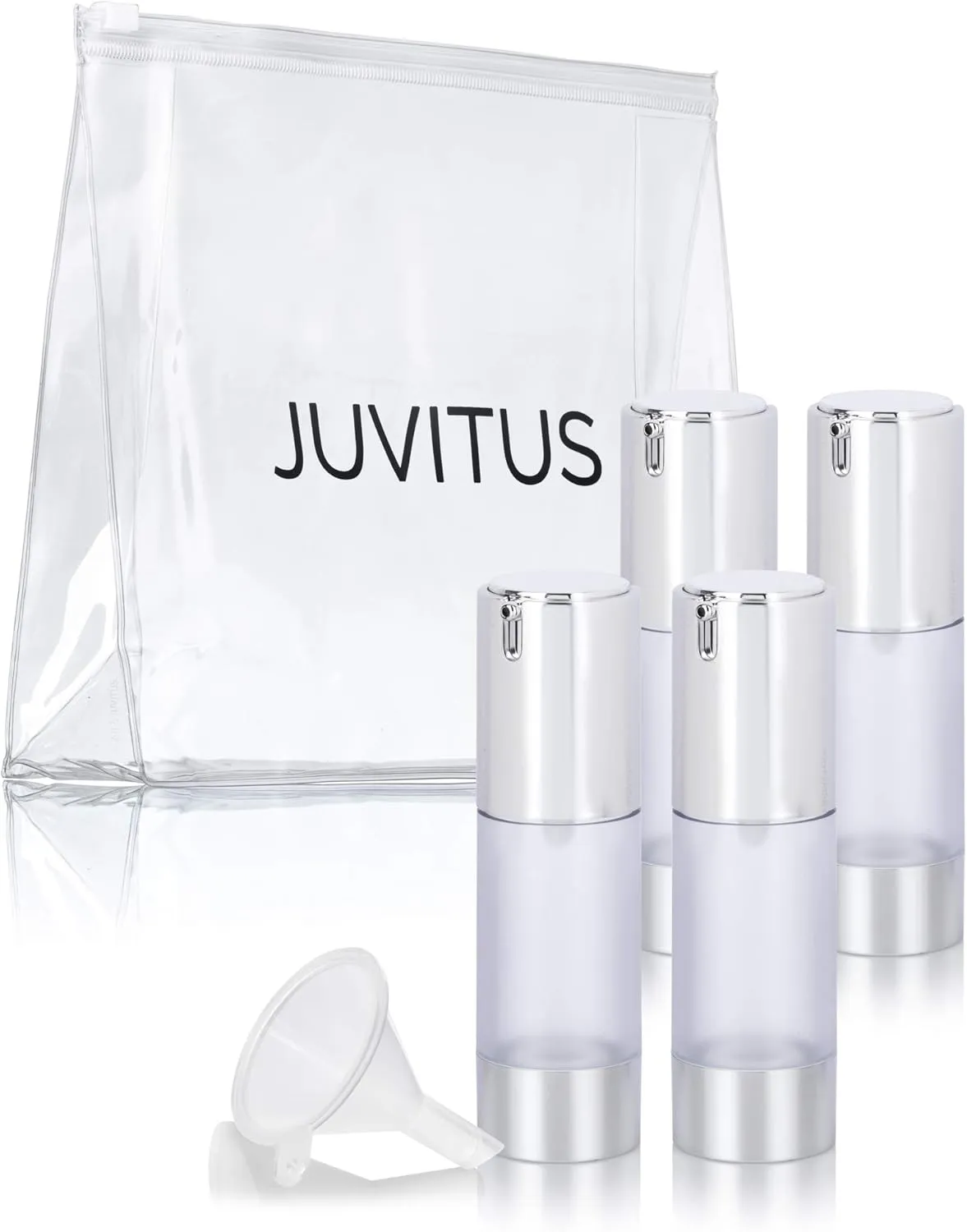 JUVITUS 1 oz / 30 ml Airless Frosted Silver Pump Bottle (4 Pack)   Travel Bag and Funnel