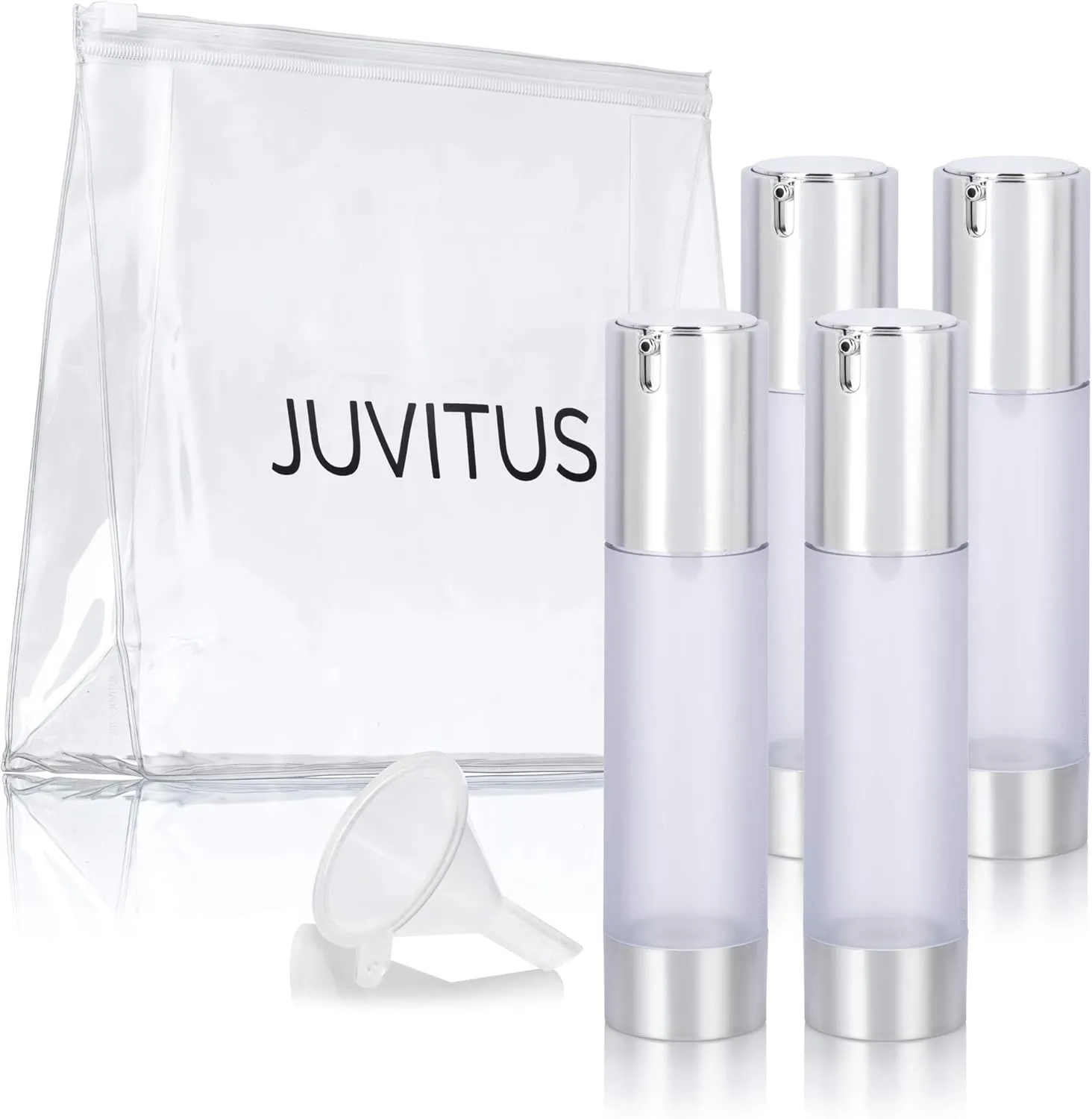 JUVITUS 1.7 oz / 50 ml Airless Frosted Silver Pump Bottle (4 Pack)   Travel Bag and Funnel