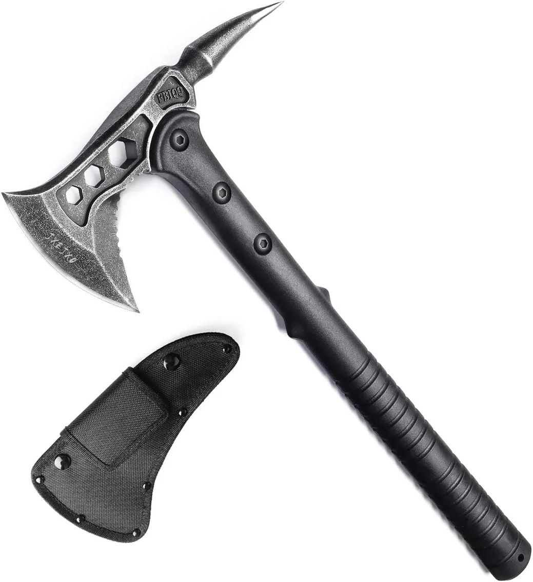 JXE JXO Camping Axe, Tomahawk with Spike, Survival Hatchet with Sheath, Nylon Fiber Handle for Outdoor Survival Hiking Camping （14.5 inch）