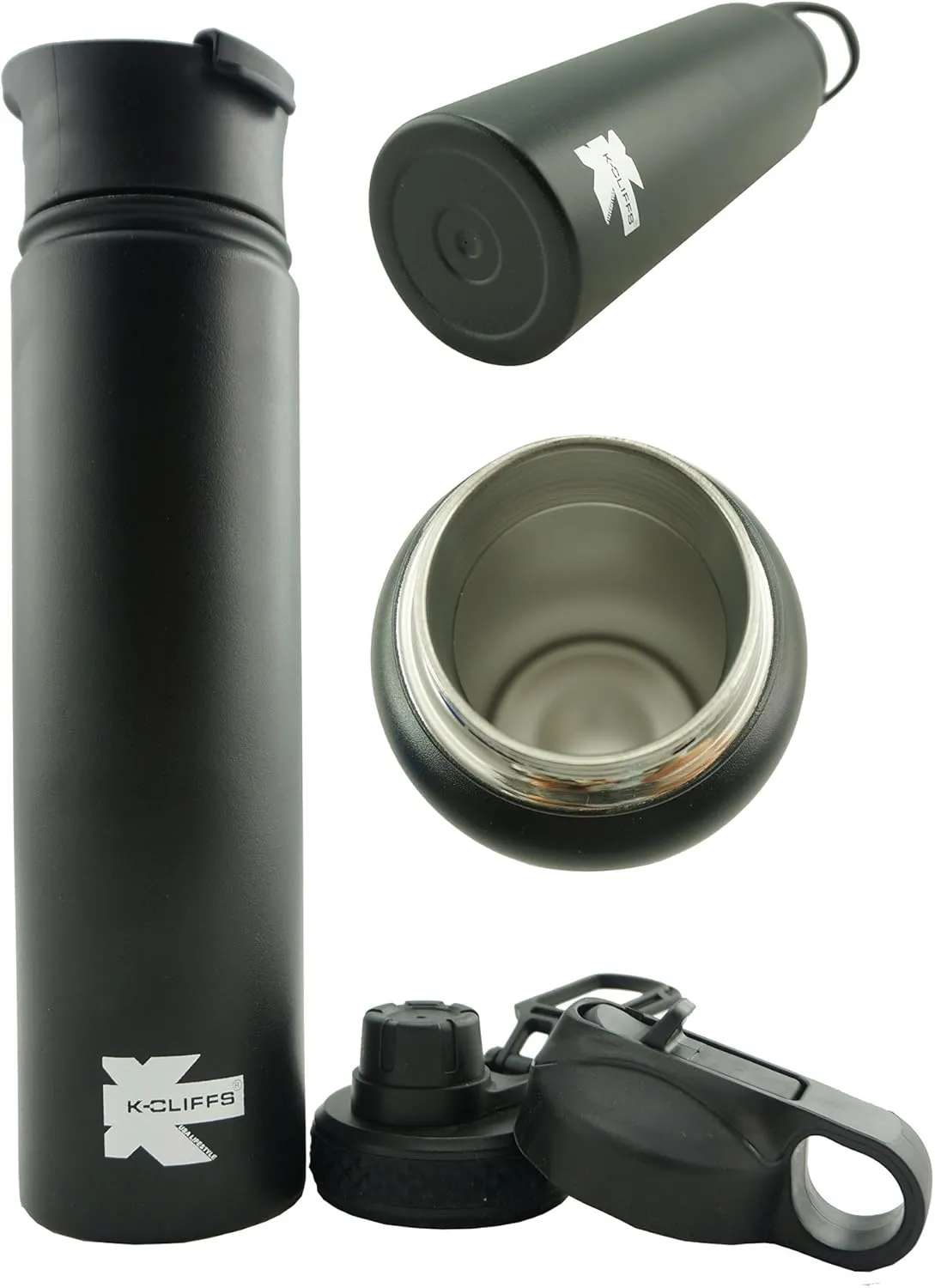 K-Cliffs Double Wall Vacuum Insulated Stainless Sport Water Bottle Thermo Travel Flask Coffee Mug with 3 Lids Straw Coffee Sport Cap BPA Free