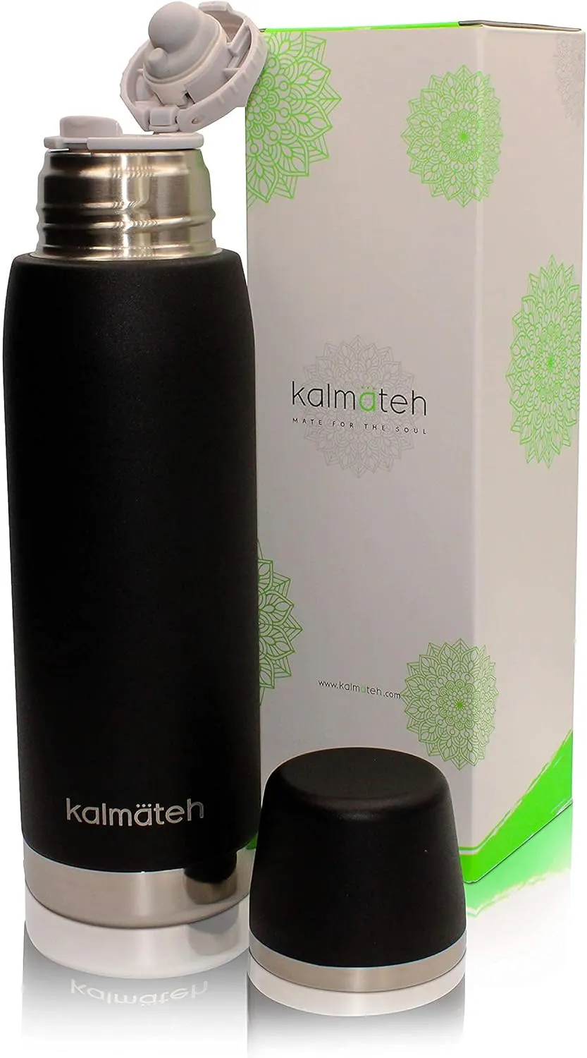 KALMATEH Thermos- Double Walled Vacuum Insulated Stainless Steel Thermos (760ml) Precise Pouring & Heat Retention- For Yerba Mate, Coffee, Tea, Camping (Black)