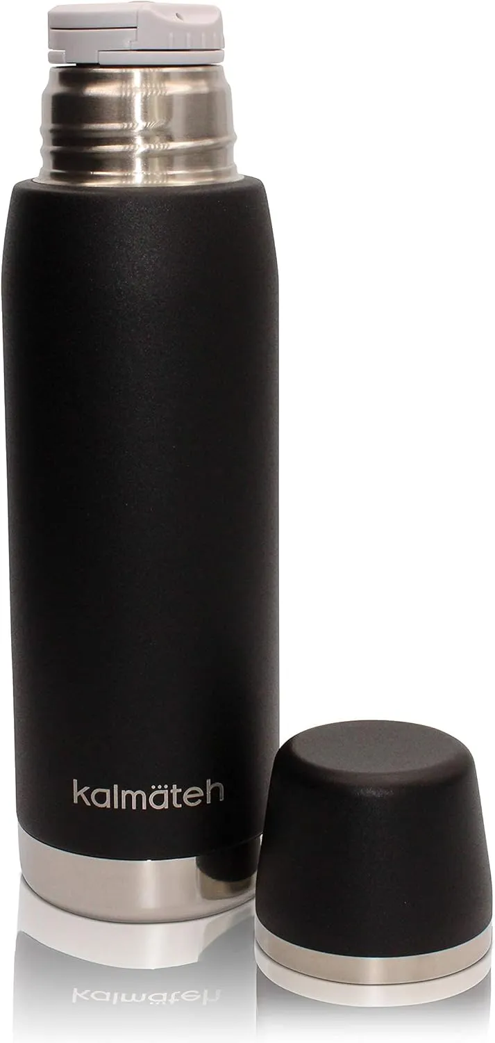 KALMATEH Thermos- Double Walled Vacuum Insulated Stainless Steel Thermos (760ml) Precise Pouring & Heat Retention- For Yerba Mate, Coffee, Tea, Camping (Black)