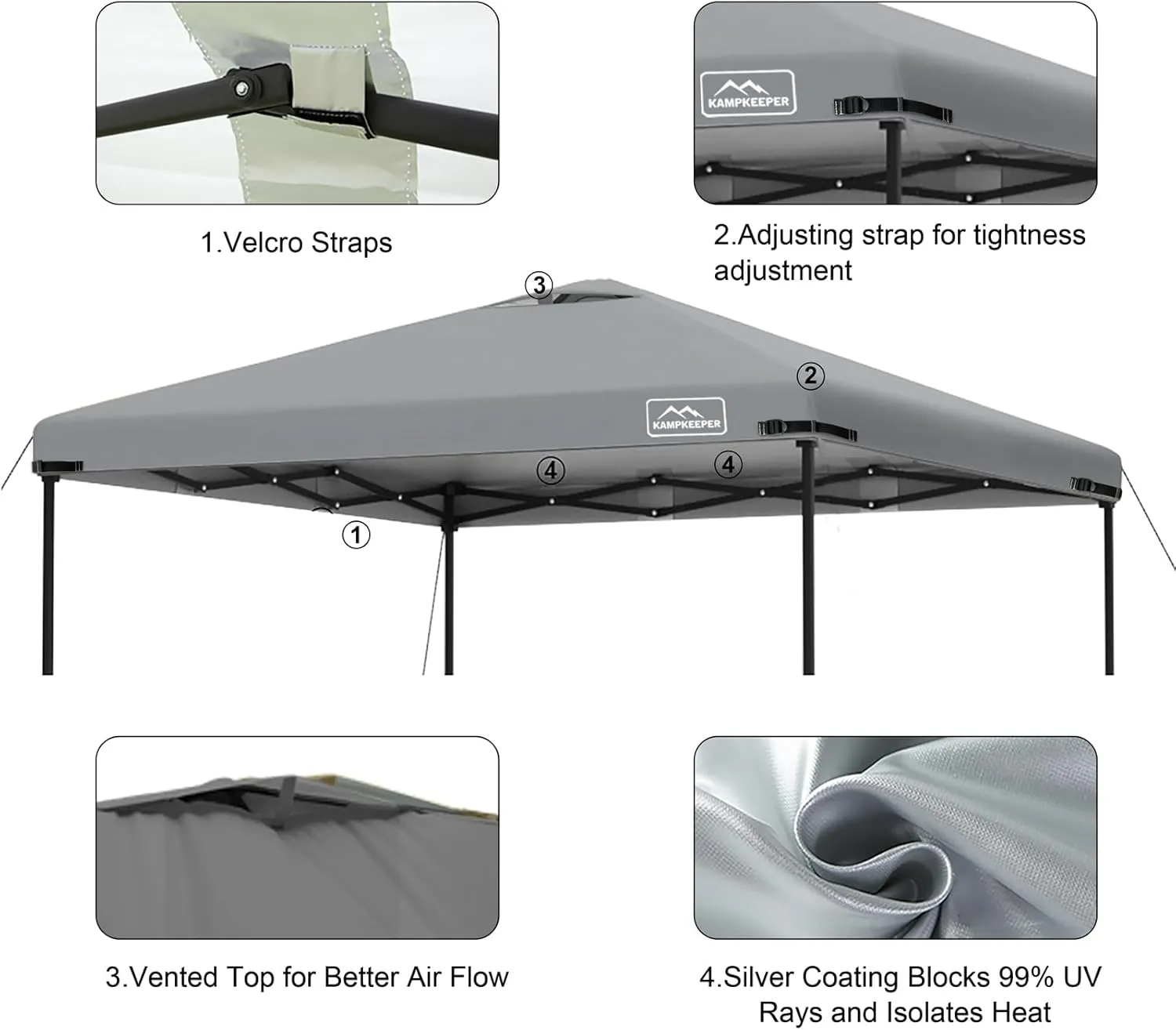KAMPKEEPER 10x10 Replacement Top Pop Up Canopy Tent Top Cover Roof with Air Vent and Adjustable Elastic Strap, Polyester UV Waterproof for Outdoor Garden Patio Pavilion Sun Shade(Top Only) (Dark Grey)