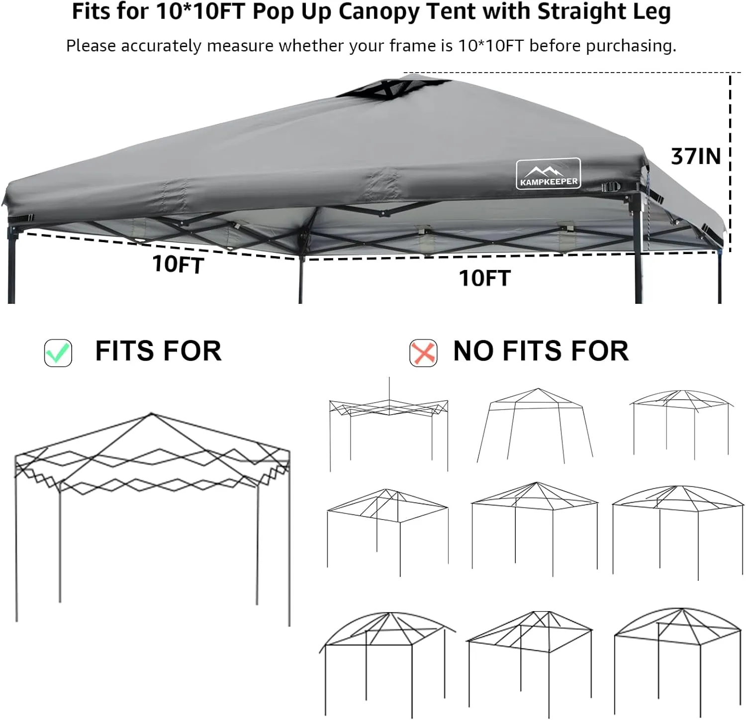 KAMPKEEPER 10x10 Replacement Top Pop Up Canopy Tent Top Cover Roof with Air Vent and Adjustable Elastic Strap, Polyester UV Waterproof for Outdoor Garden Patio Pavilion Sun Shade(Top Only) (Dark Grey)