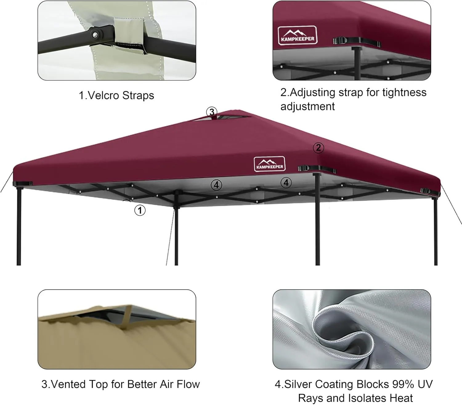 KAMPKEEPER 10x10 Replacement Top Pop Up Canopy Tent Top Cover Roof with Air Vent and Adjustable Elastic Strap, Polyester UV Waterproof for Outdoor Garden Patio Pavilion Sun Shade(Top Only) (Red)