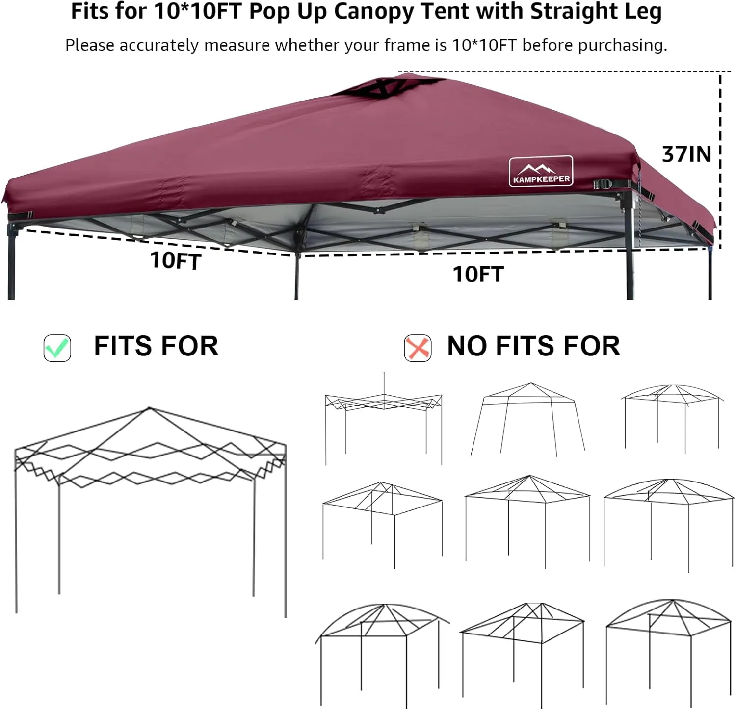 KAMPKEEPER 10x10 Replacement Top Pop Up Canopy Tent Top Cover Roof with Air Vent and Adjustable Elastic Strap, Polyester UV Waterproof for Outdoor Garden Patio Pavilion Sun Shade(Top Only) (Red)