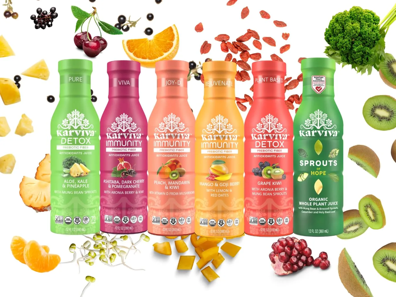 KARVIVA Organic Juice Cleanse Variety Pack – Prebiotic Detox with Sprouts & Adaptogens, Ancient Herbal Remedy for Liver, Thyroid, Digestion & Immunity Health, 6 BPA, Toxin-Free Bottles (12 oz Each)