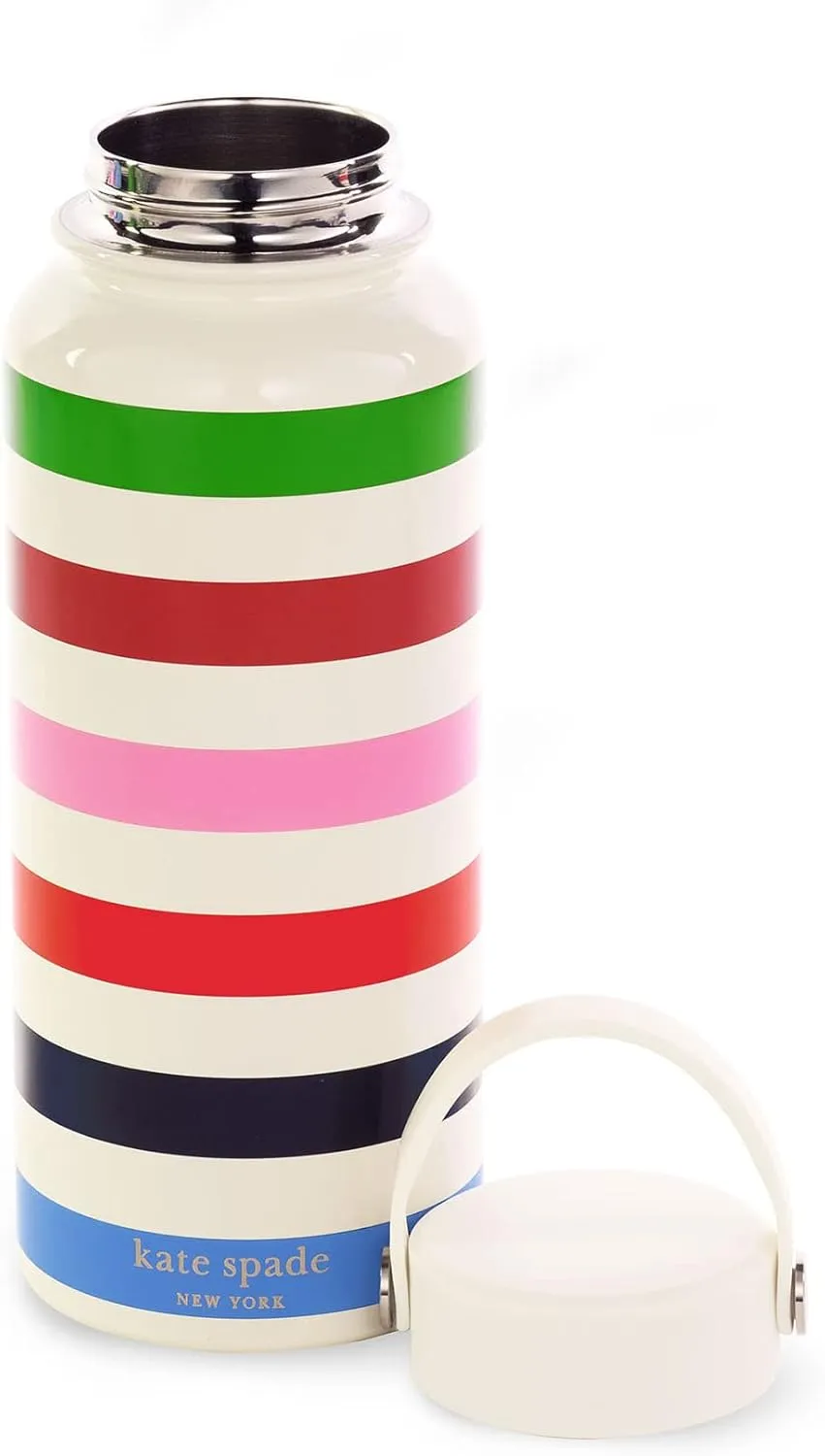 kate spade new york Large Insulated Stainless Steel Water Bottle, 33 Ounce Metal Water Bottle, Double Wall Travel Tumbler with Lid, Adventure Stripe