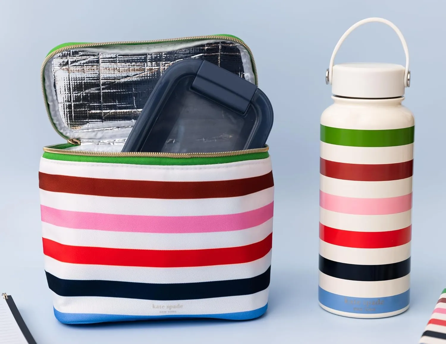 kate spade new york Large Insulated Stainless Steel Water Bottle, 33 Ounce Metal Water Bottle, Double Wall Travel Tumbler with Lid, Adventure Stripe