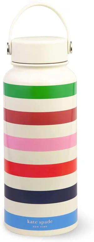 kate spade new york Large Insulated Stainless Steel Water Bottle, 33 Ounce Metal Water Bottle, Double Wall Travel Tumbler with Lid, Adventure Stripe