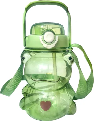 Kawaii frog straw bottle, frog water bottle with adjustable shoulder strap cute stickers, portable drinking cup for girls boys school office travel, green