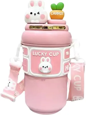 Kawaii Water Bottle,19oz Stainless Steel Insulation Bottle with Straw & Adjustable Strap,Cute Rabbit Leak-Proof Water Jug for Girls Sports Camping Travel