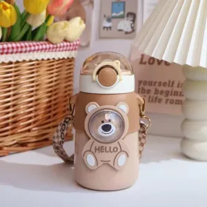 Kawaii Water Bottles with Straw 20 oz Cute Water Bottle Portable LeakProof Stainless Steel Bottle With Shoulder Strap for Girls School(Brown)