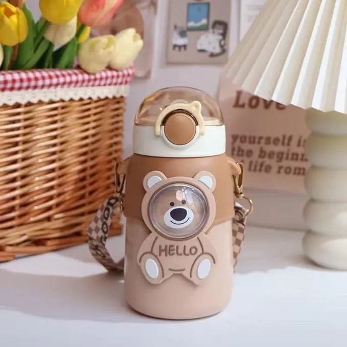 Kawaii Water Bottles with Straw 20 oz Cute Water Bottle Portable LeakProof Stainless Steel Bottle With Shoulder Strap for Girls School(Brown)