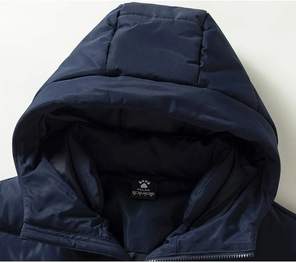 KELME Men's Long Parka Winter Coats, Windproof Hooded Soccer Jacket, Stadium Outdoor Cold Weather Warm Outerwear
