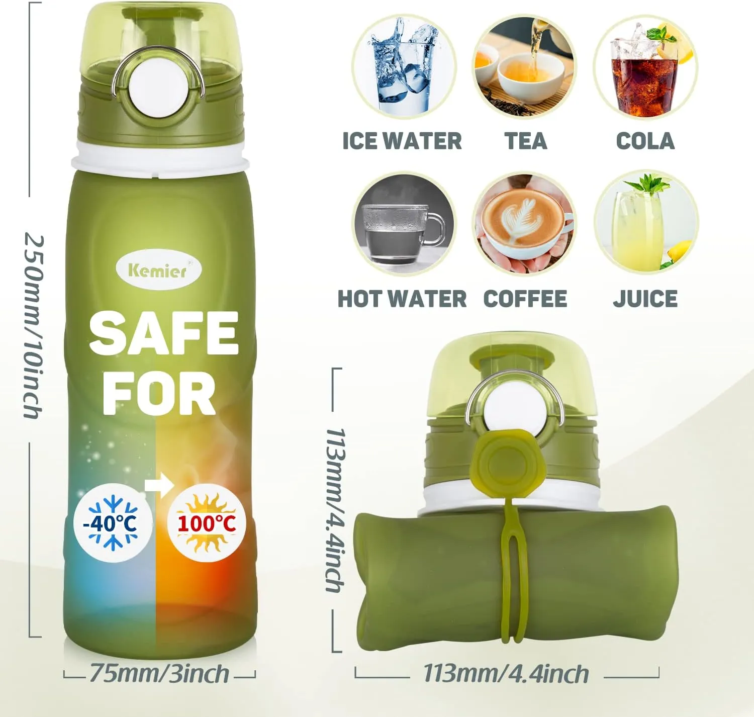 Kemier Collapsible Silicone Water Bottles-750ML,Medical Grade,BPA Free Travel Water Bottle Can Roll Up,26oz,Leak Proof Foldable Sports & Outdoor Water Bottles
