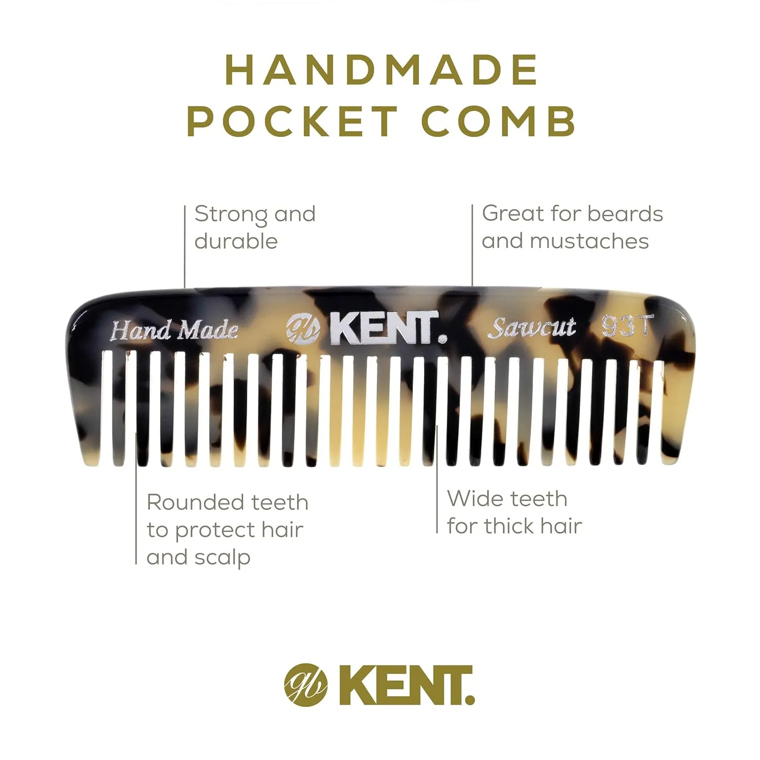 Kent 93T TW Wide Tooth Men's Comb, for Mustache and Beard ideal for Facial Hair, Small Pocket Sized Travel Detangler Comb, Saw-Cut Hand polished Made in England