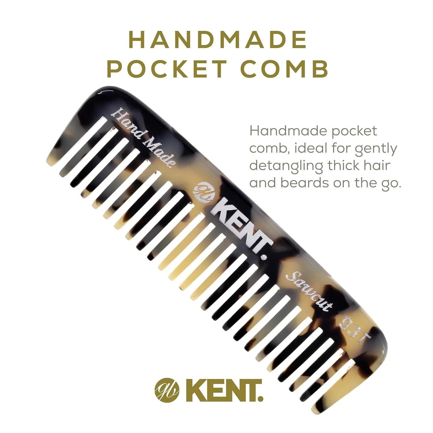 Kent 93T TW Wide Tooth Men's Comb, for Mustache and Beard ideal for Facial Hair, Small Pocket Sized Travel Detangler Comb, Saw-Cut Hand polished Made in England