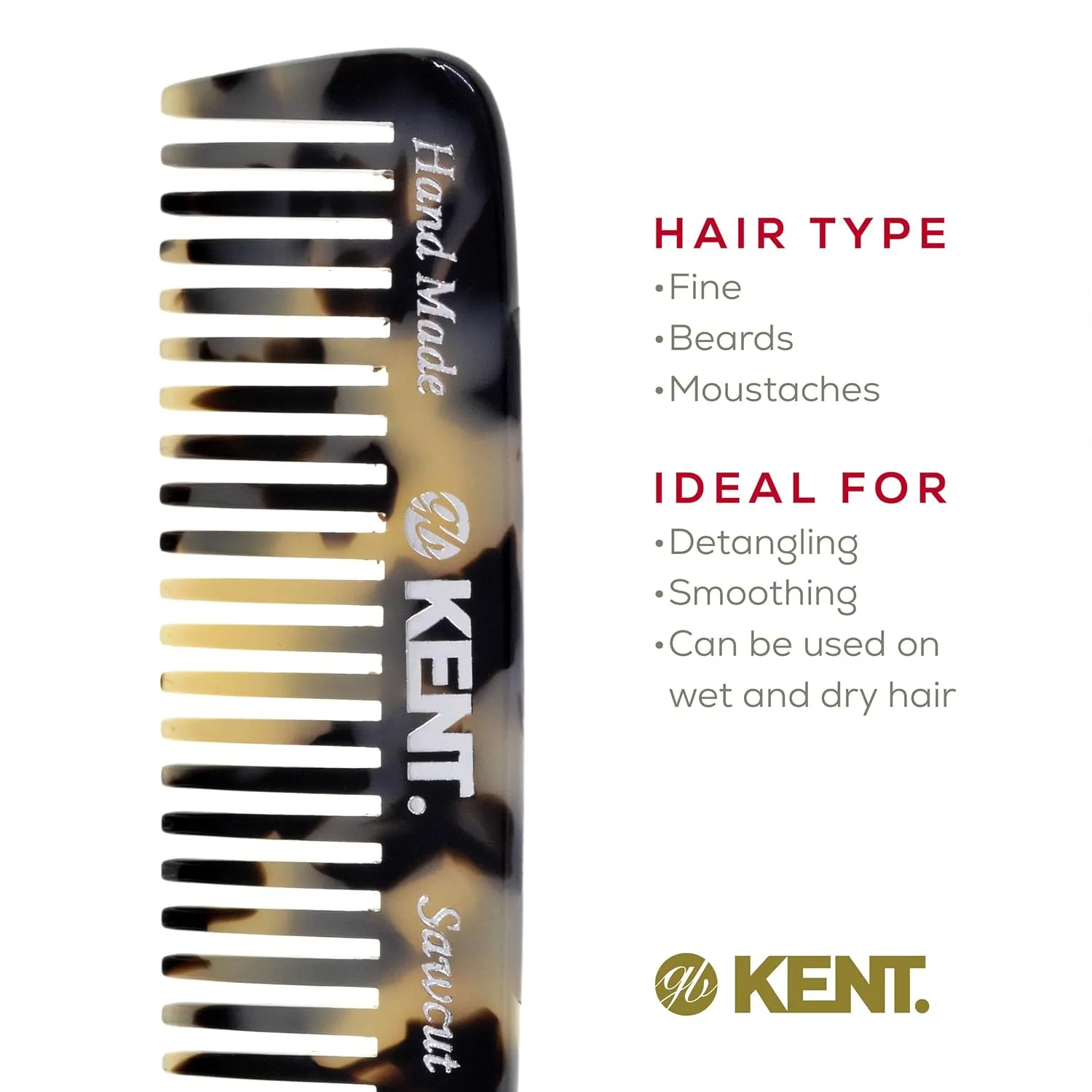 Kent 93T TW Wide Tooth Men's Comb, for Mustache and Beard ideal for Facial Hair, Small Pocket Sized Travel Detangler Comb, Saw-Cut Hand polished Made in England