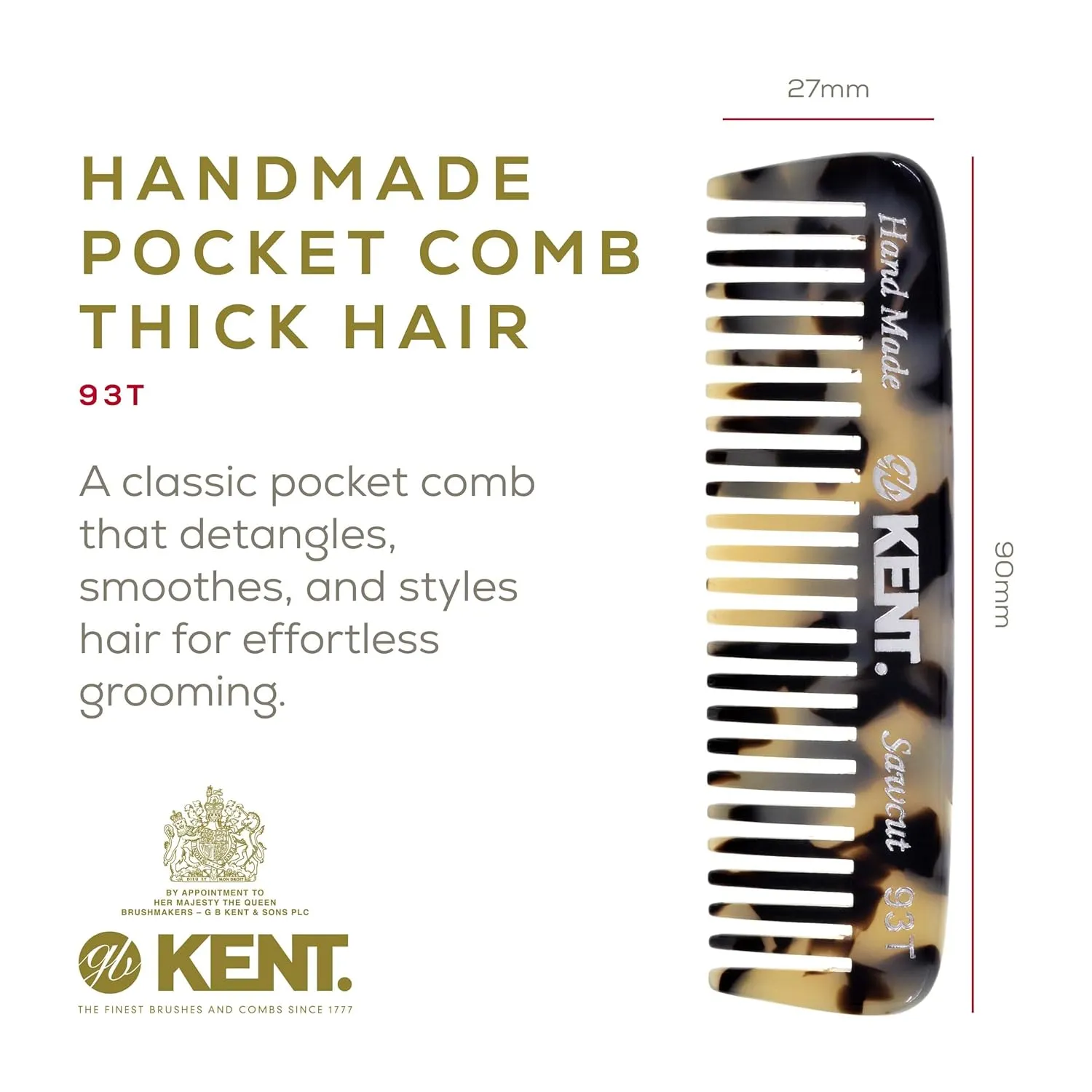 Kent 93T TW Wide Tooth Men's Comb, for Mustache and Beard ideal for Facial Hair, Small Pocket Sized Travel Detangler Comb, Saw-Cut Hand polished Made in England