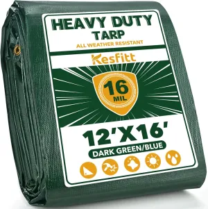 Kesfitt Tarp Heavy Duty Waterproof 12x16FT,16 Mil Thick Tarps Tear&Fade Resistant,UV Resistant,Poly Tarp Cover with Grommets and Reinforced Edges for Outdoor Camping Pools Boat Car(Green/Blue)