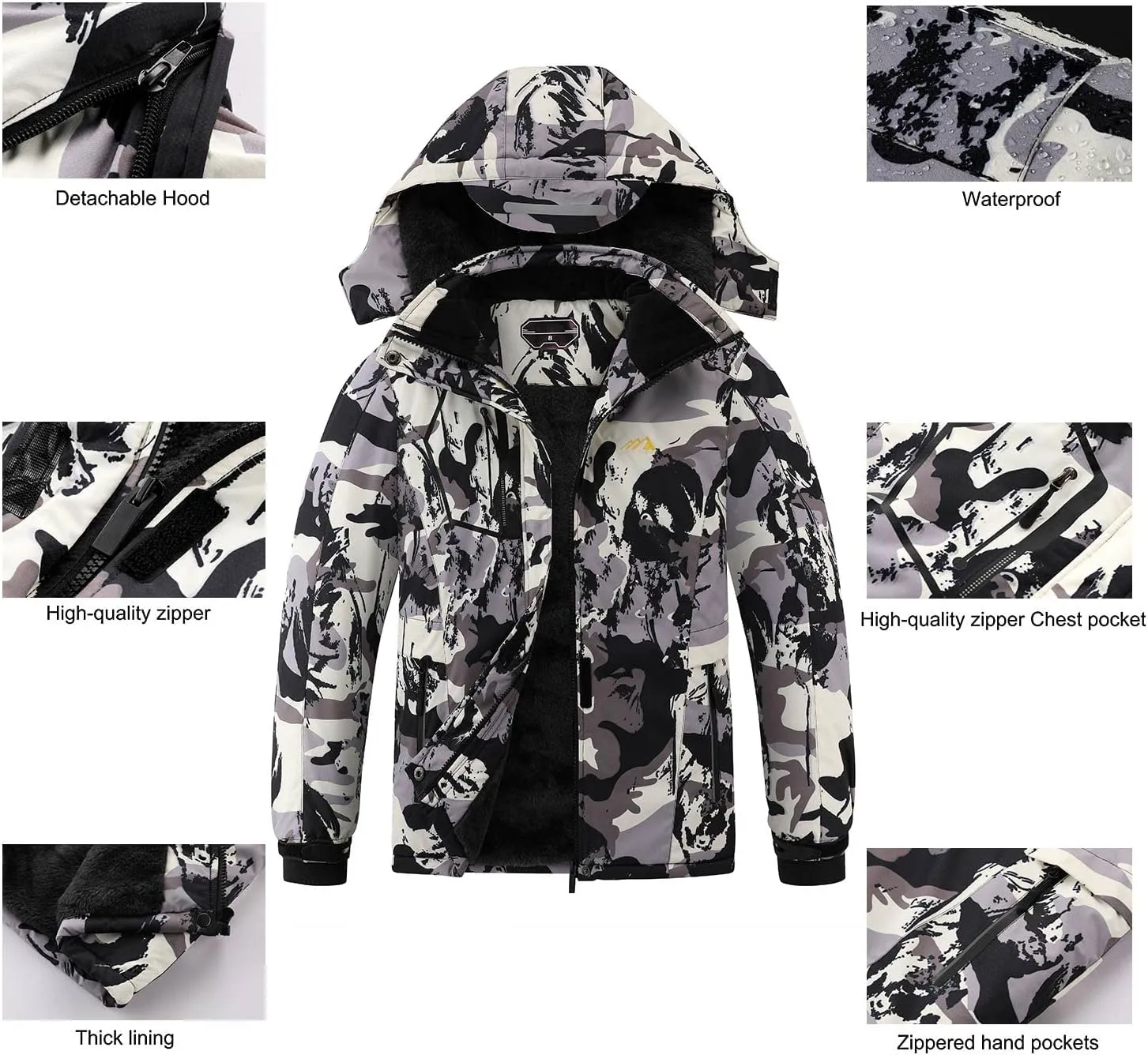 Kid's Ski Jacket Waterproof Boy's and Girl's Warm Fleece Winter Jacket Windproof Hooded Snow Coat