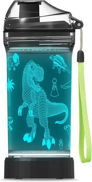 Kids Water Bottle, Dinosaur-themed Light-Up Sport Cup with 3D Glowing LED Dinosaur Light – 14 OZ Tritan BPA-Free - Camping, and Holidays (Dinosaur)…