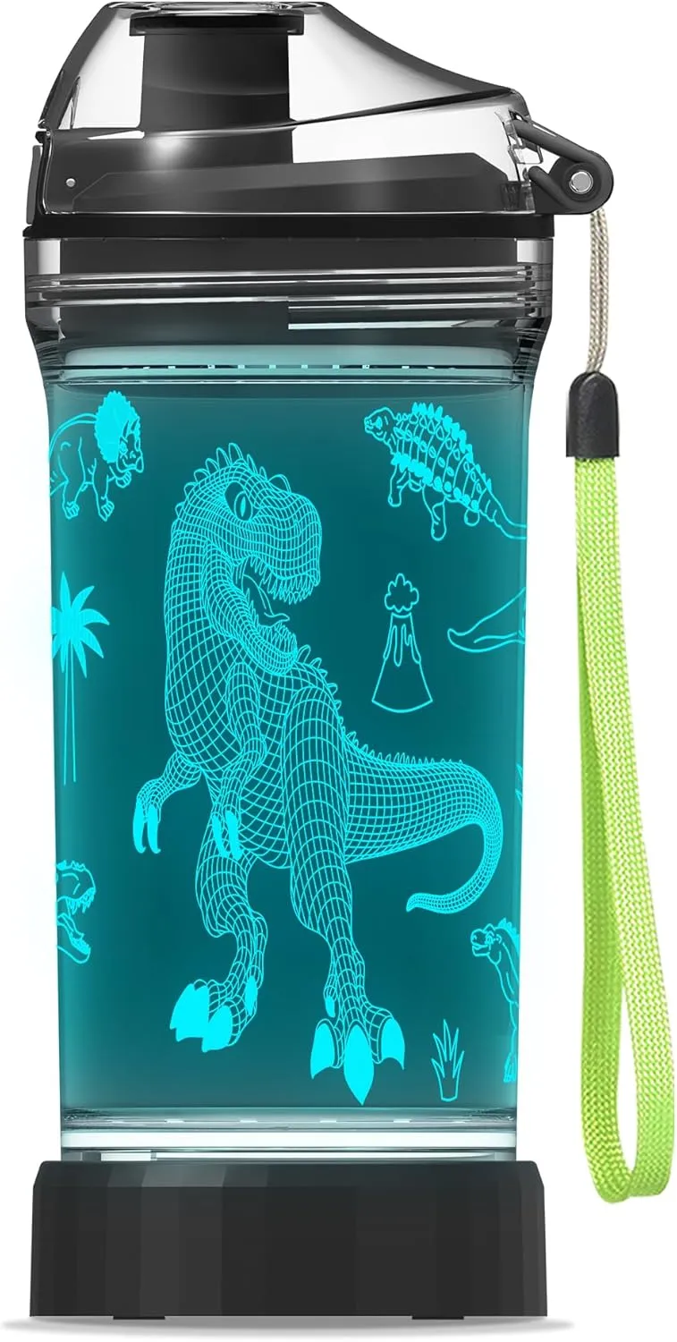 Kids Water Bottle, Dinosaur-themed Light-Up Sport Cup with 3D Glowing LED Dinosaur Light – 14 OZ Tritan BPA-Free - Camping, and Holidays (Dinosaur)…