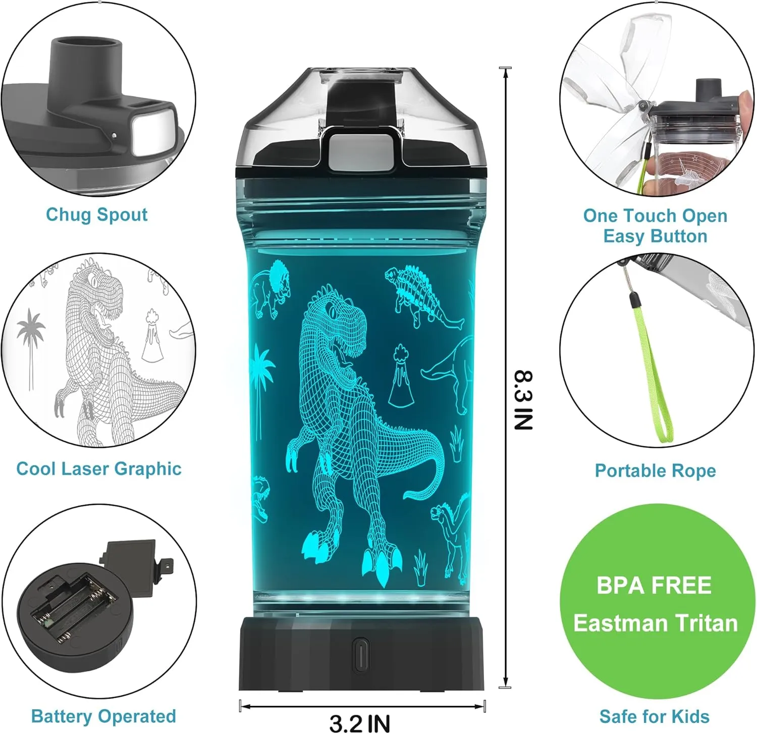 Kids Water Bottle, Dinosaur-themed Light-Up Sport Cup with 3D Glowing LED Dinosaur Light – 14 OZ Tritan BPA-Free - Camping, and Holidays (Dinosaur)…