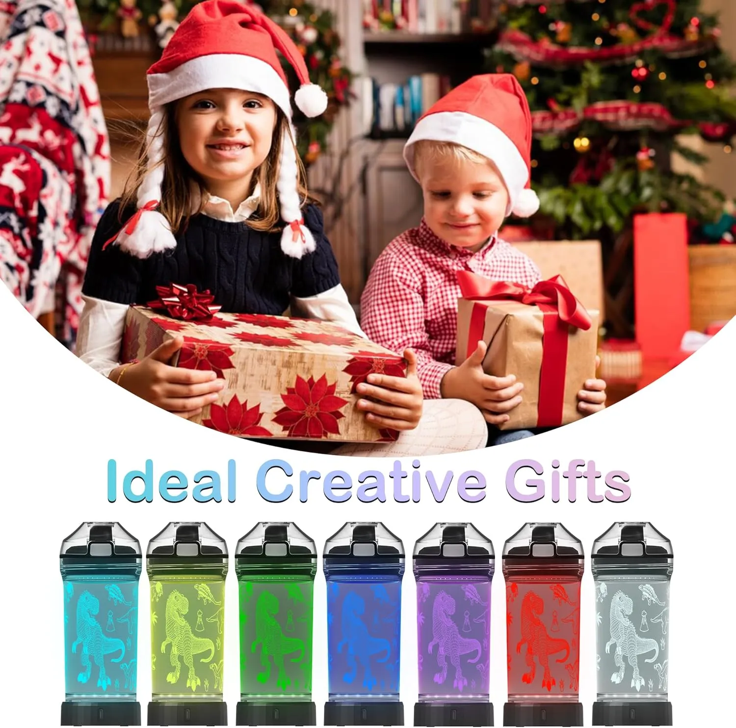 Kids Water Bottle, Dinosaur-themed Light-Up Sport Cup with 3D Glowing LED Dinosaur Light – 14 OZ Tritan BPA-Free - Camping, and Holidays (Dinosaur)…