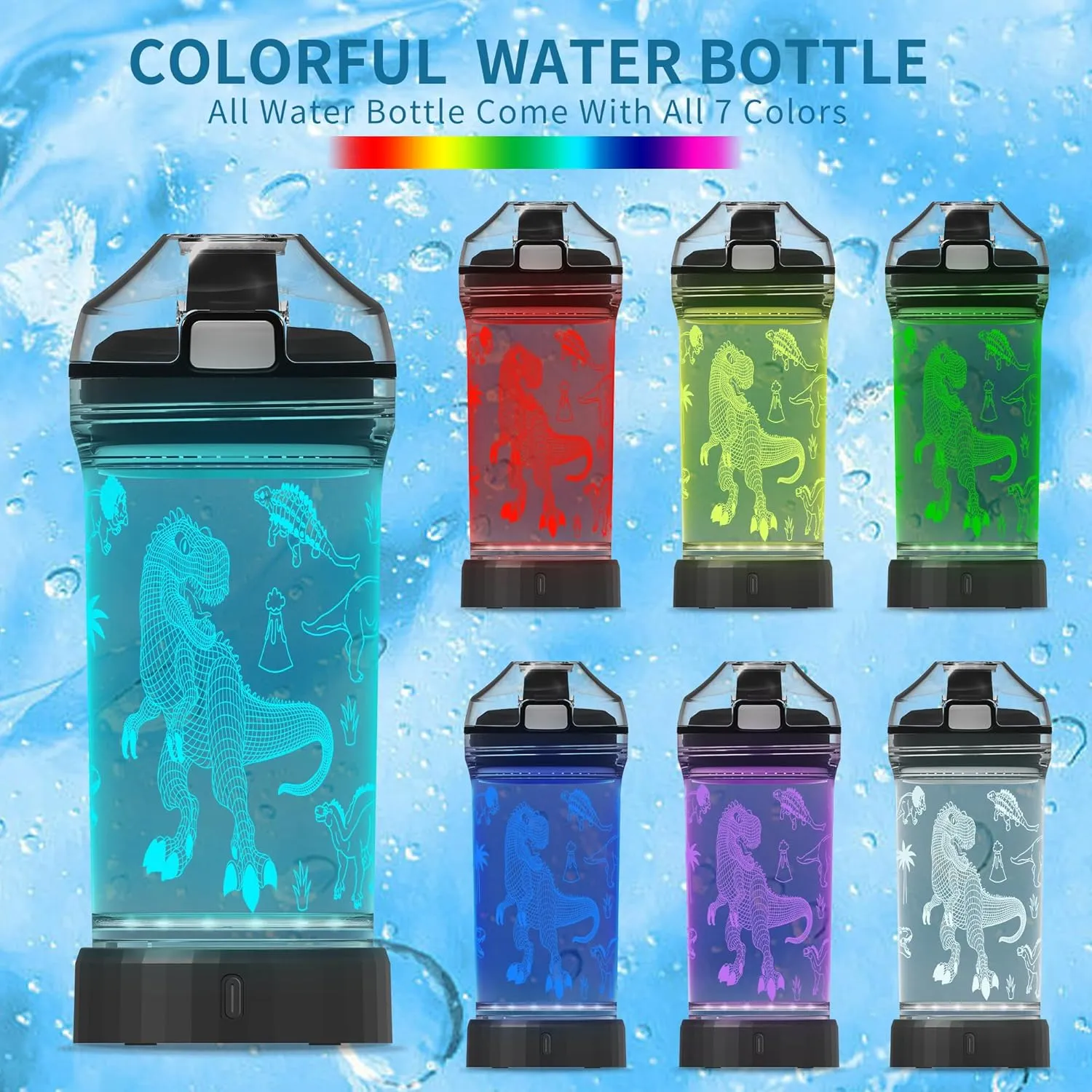 Kids Water Bottle, Dinosaur-themed Light-Up Sport Cup with 3D Glowing LED Dinosaur Light – 14 OZ Tritan BPA-Free - Camping, and Holidays (Dinosaur)…