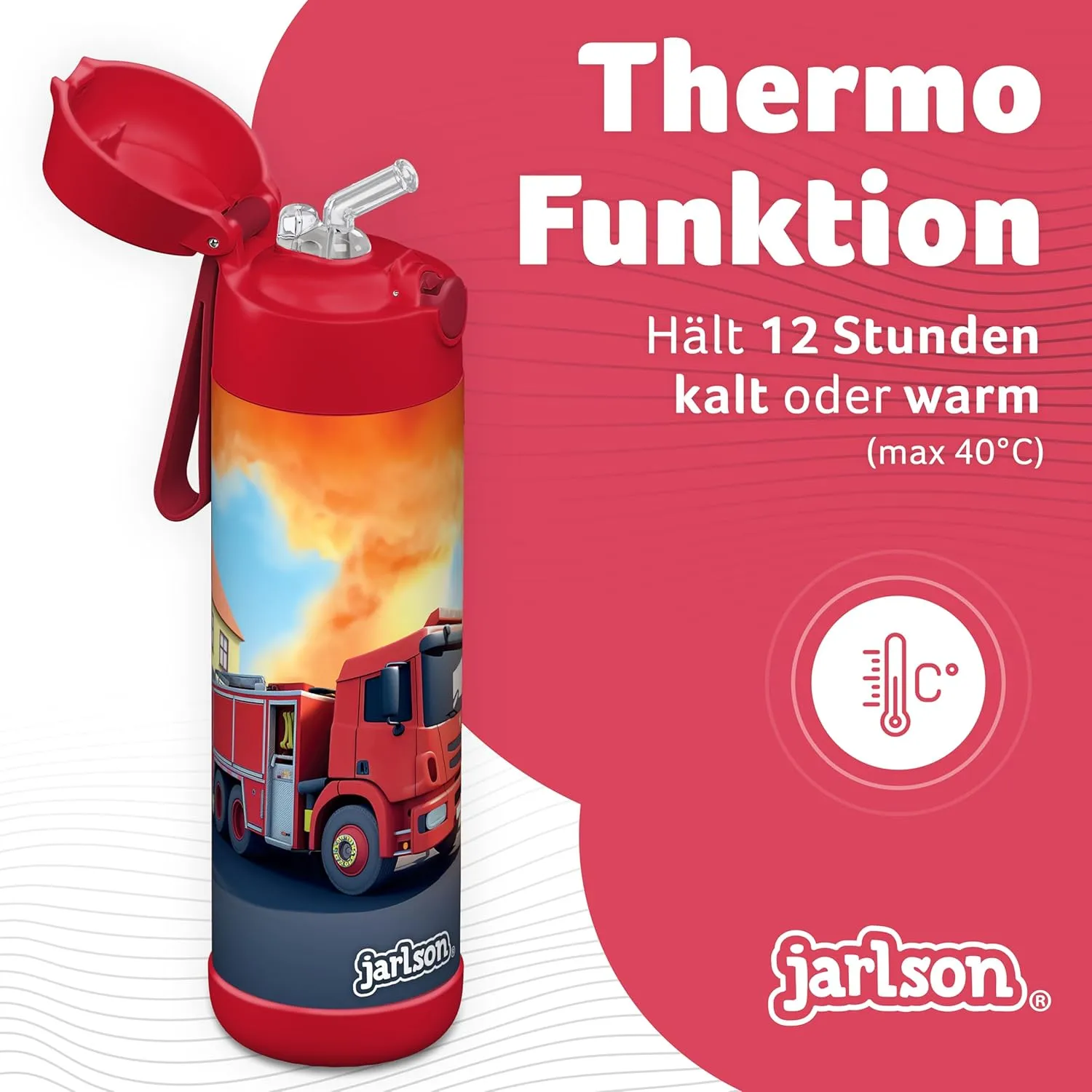kids water bottle with straw - CHARLI - insulated stainless steel water bottle - thermos - girls/boys (Fire Engine Red, 18 oz)