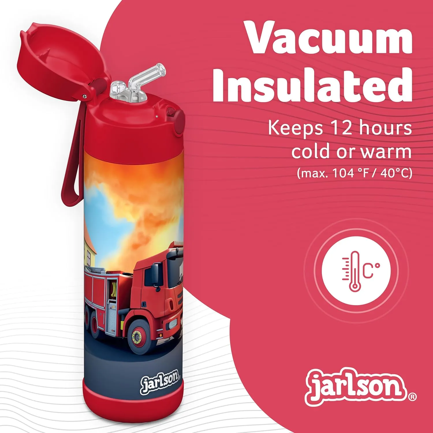 kids water bottle with straw - CHARLI - insulated stainless steel water bottle - thermos - girls/boys (Fire Engine Red, 18 oz)